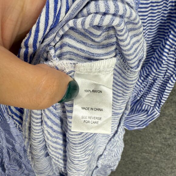 Cactus + Pearl Dress Women 2XL Blue Striped Shift Midi V-Neck Short Sleeve Rayon - Picture 4 of 7